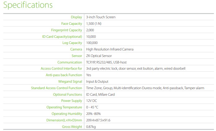 Specifications of MultiBio 700 Face Recognition Door Access Control System